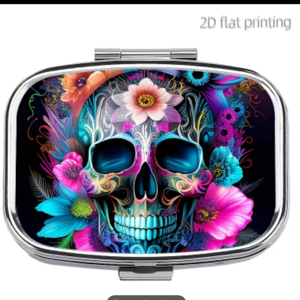 🆕️💊☠️SUGAR SKULL PORTABLE METAL PILL BOX ORGANIZER WITH MIRROR☠️💊 - Picture 2 of 13